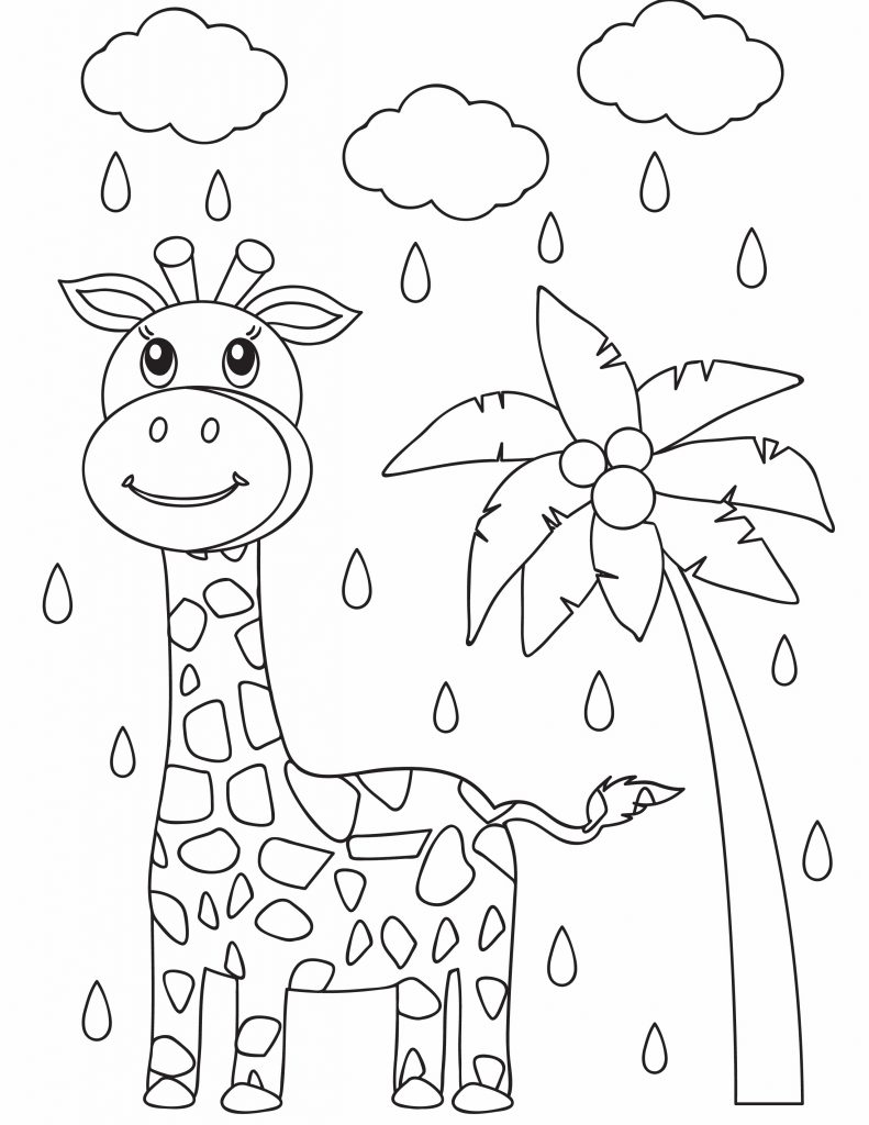 a giraffe and a coconut tree under the rain