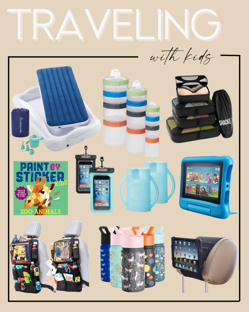 collage of items for traveling with kids