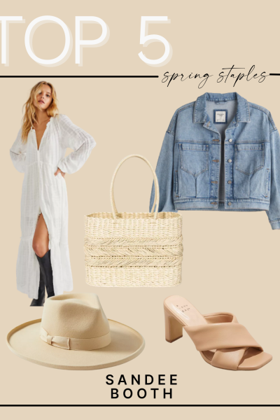 spring staple items, jean jacket, free people dress, hat, resort bag, spring sandals