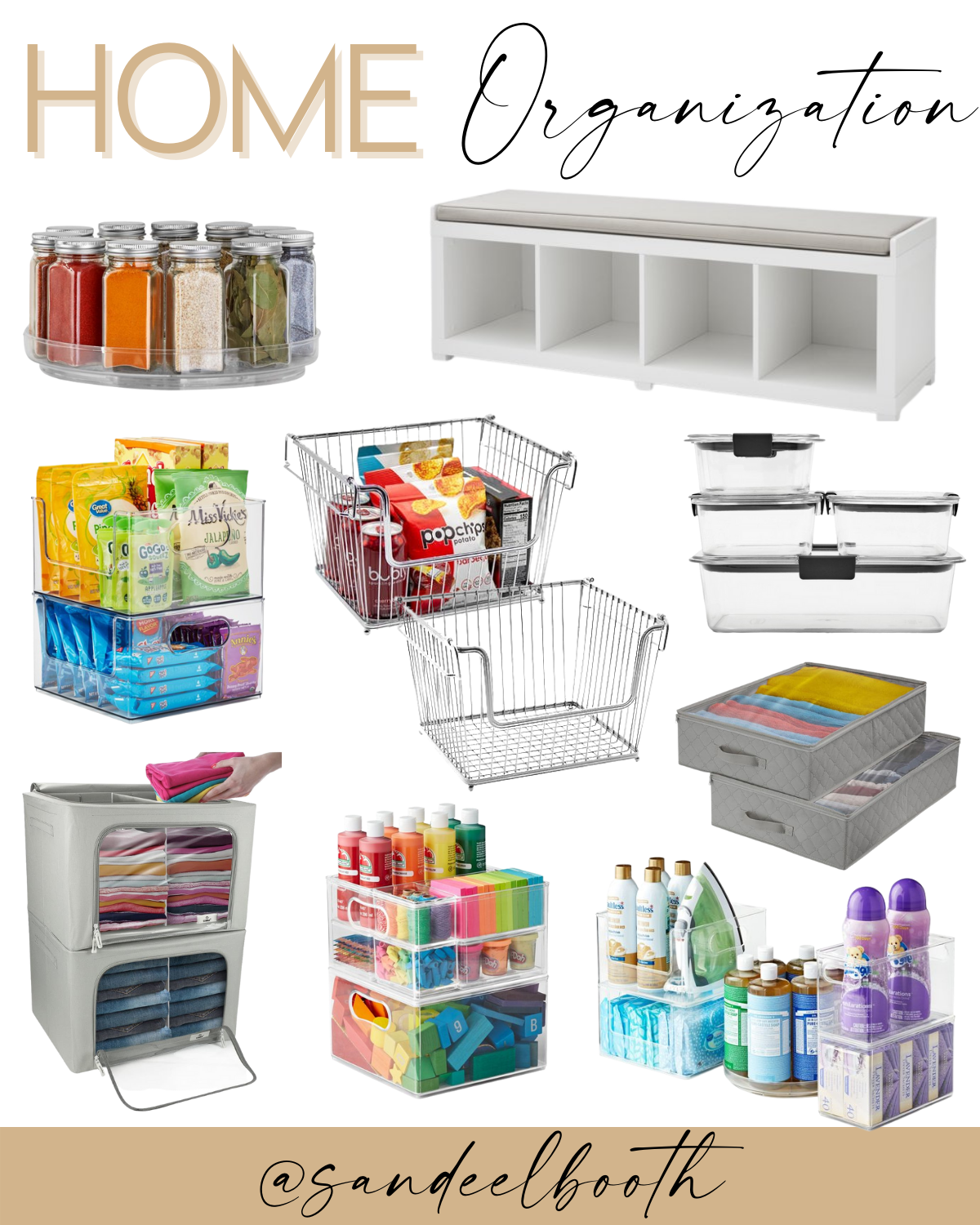 collage of home organization items 