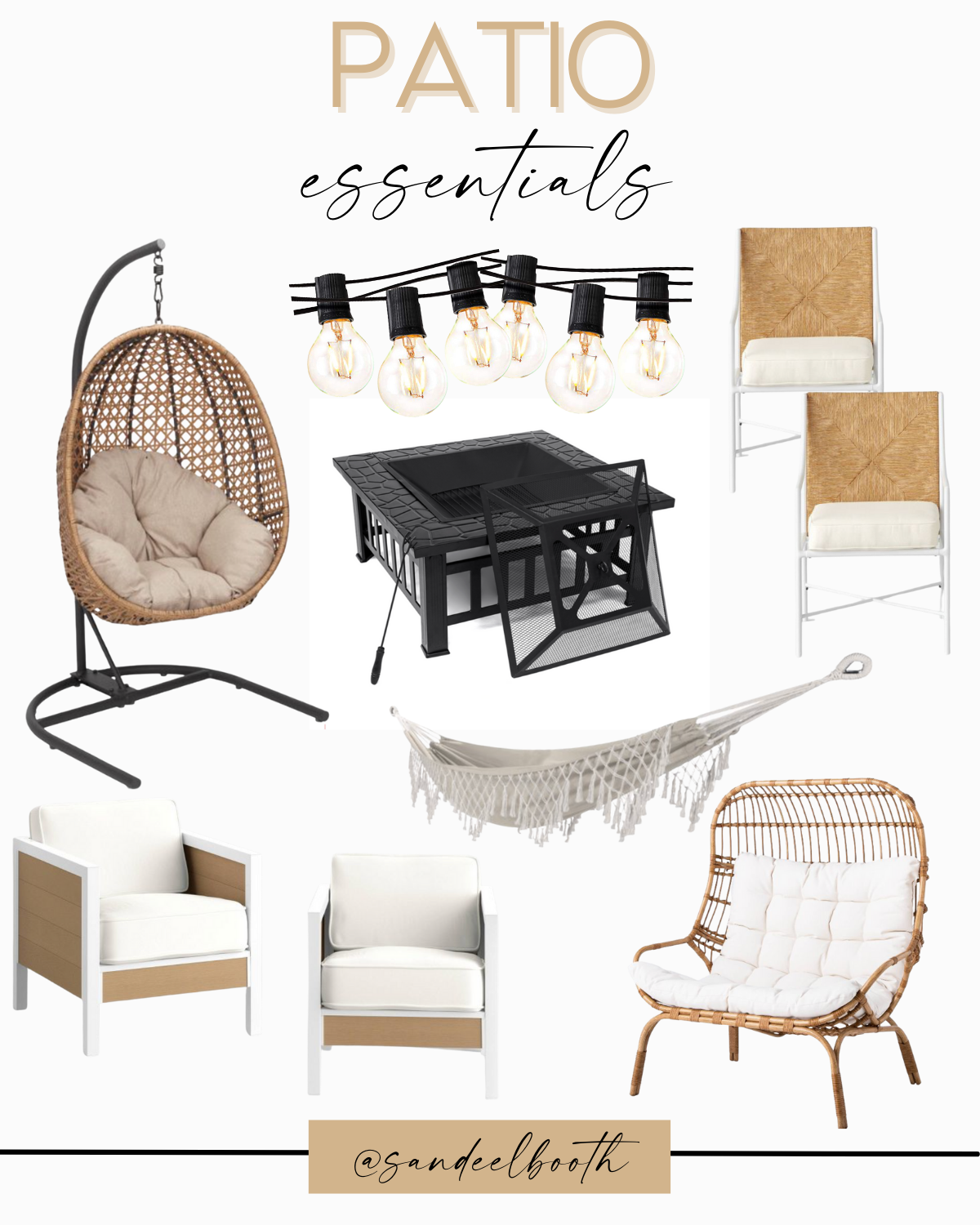 patio essentials: lighting, chairs, seating, hammock, egg chair