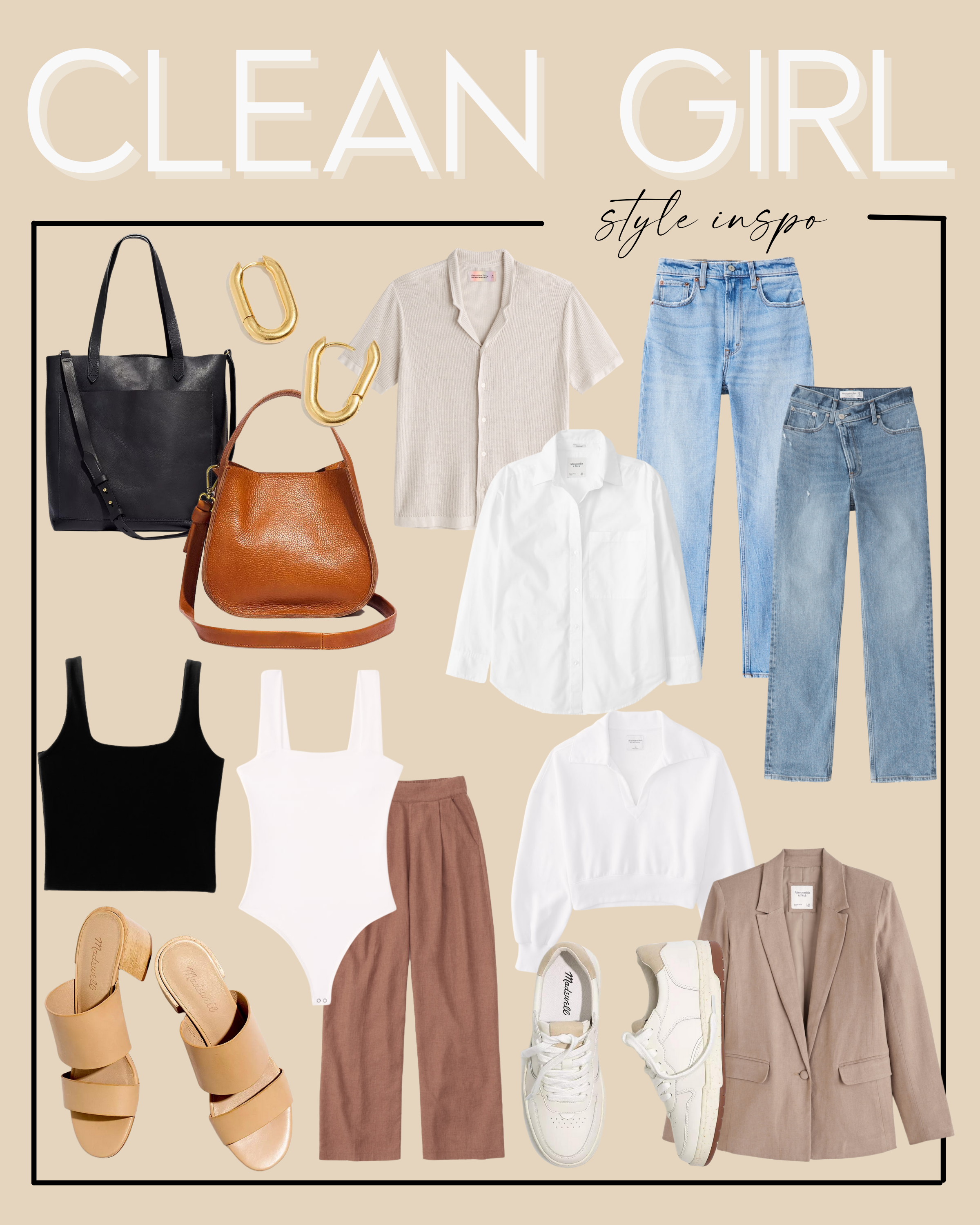 collage of clothes for clean girl aesthetic style