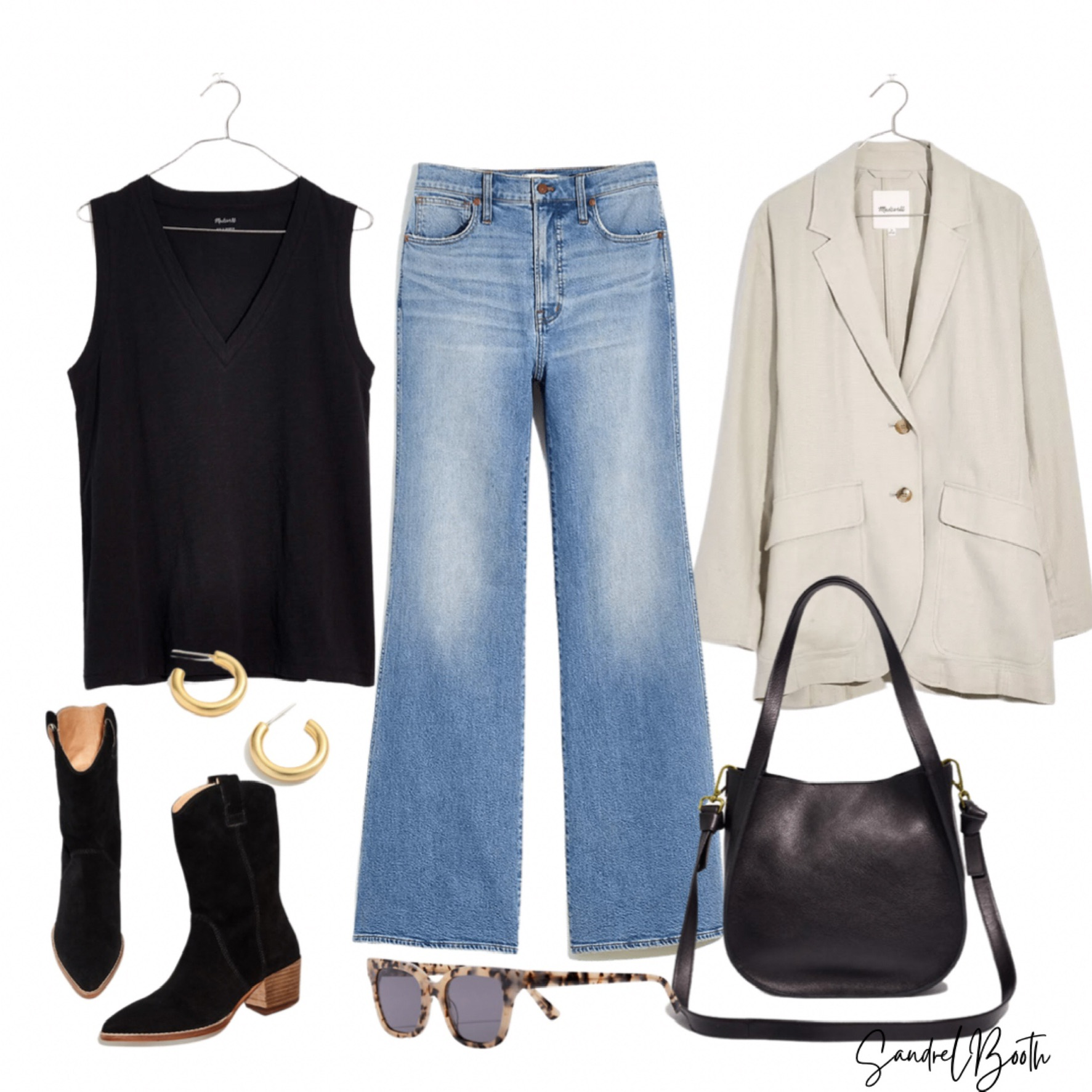 Easy fall style- Madewell denim flares and black tank, with a neutral blazer