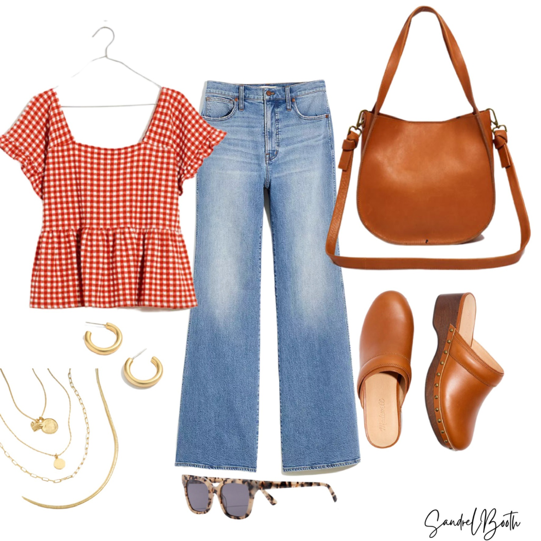 Easy fall style checkered top, pants, and brown bag