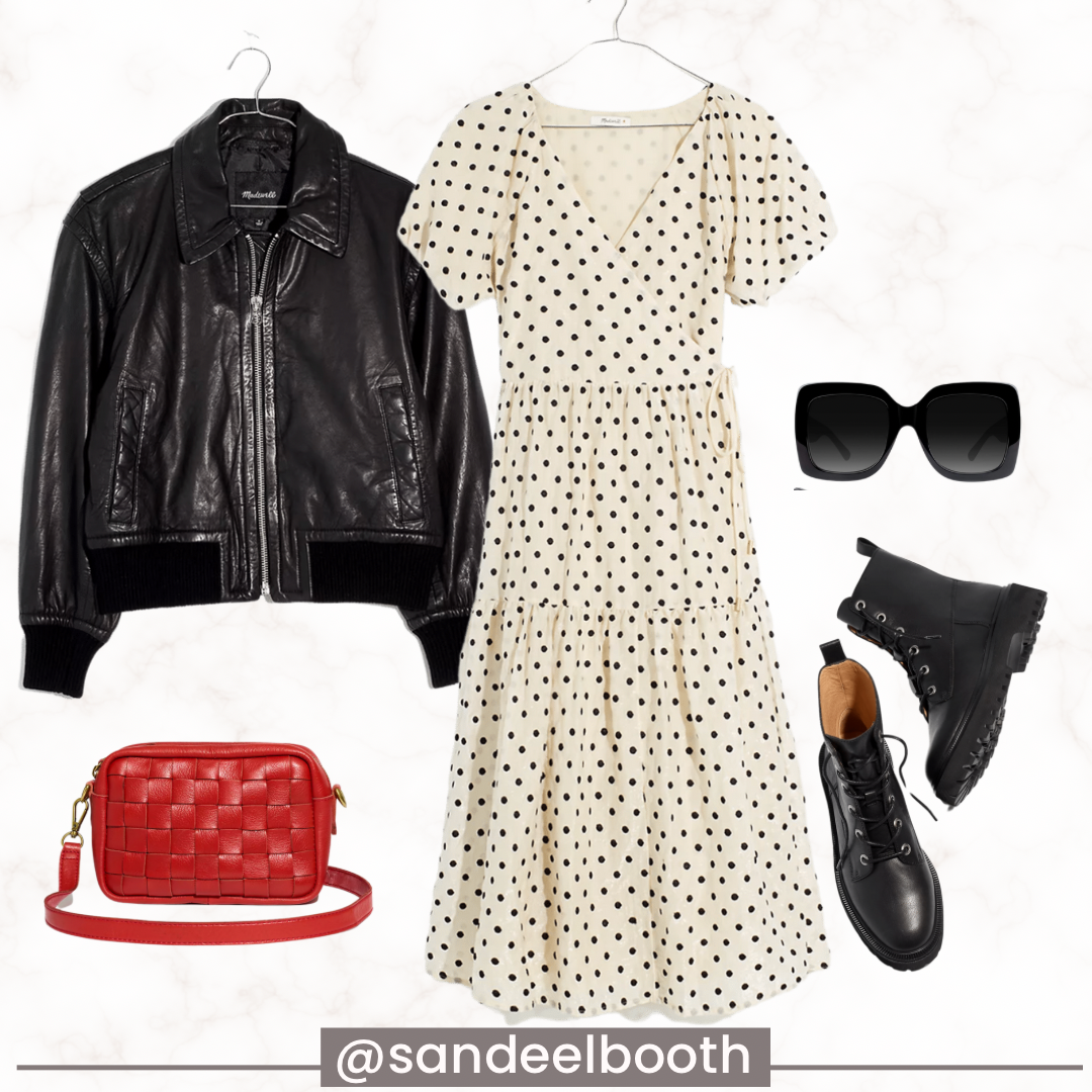 collage of Thanksgiving looks for her with polka dot dress, leather jacket and boots