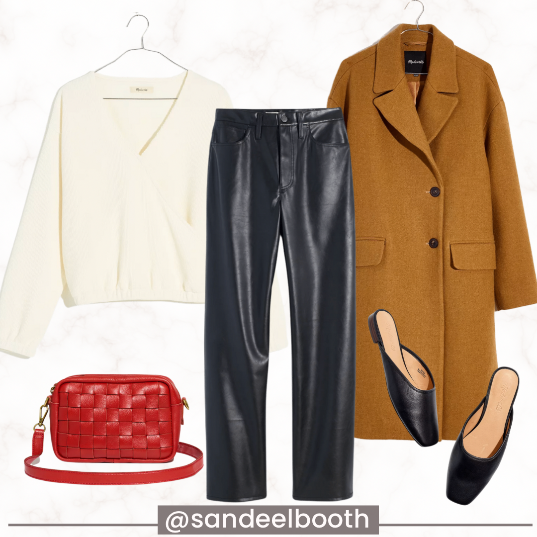 collage of Thanksgiving looks for her with leather pants. coat, and sweater
