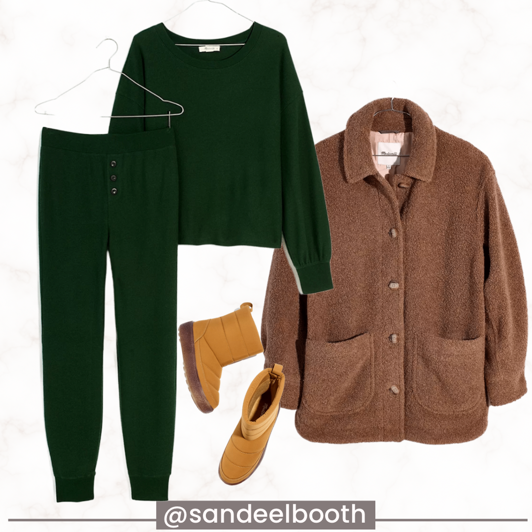collage of clothes with green pants and top, sweater, and boots